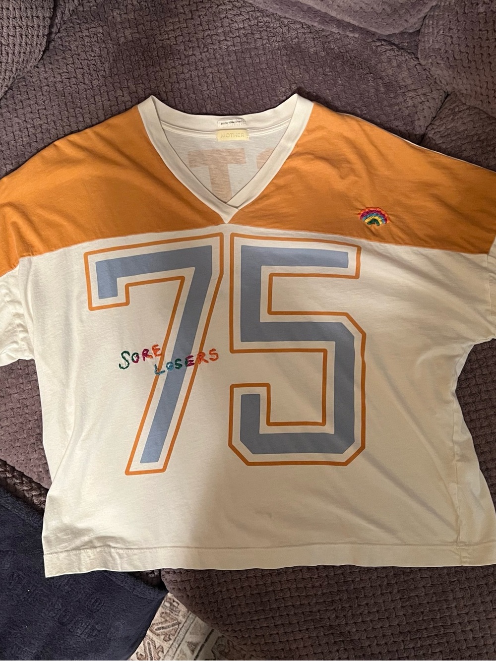 MOTHER White & Orange '75' Graphic V-Neck Tee